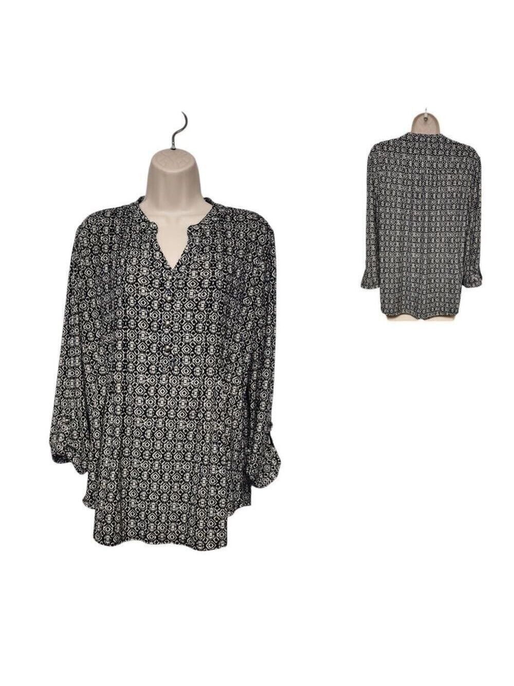 Westport Women’s Tunic Top Notched V-neck Blouse Boho Floral Black/White Size L